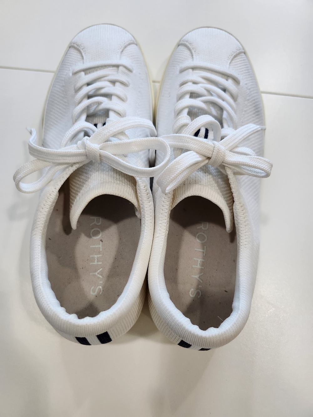 Rothy's White Knit Sneakers with Navy & Blue Stripe Detail Size 9.5